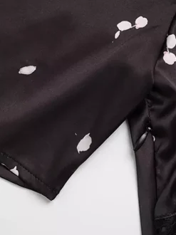Satin Lace Patchwork Maxi Dress For Women - Black Floral Print V-Neck Short Sleeve Slim Fit - Summer Night Out 2026