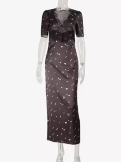 Satin Lace Patchwork Maxi Dress For Women - Black Floral Print V-Neck Short Sleeve Slim Fit - Summer Night Out 2026
