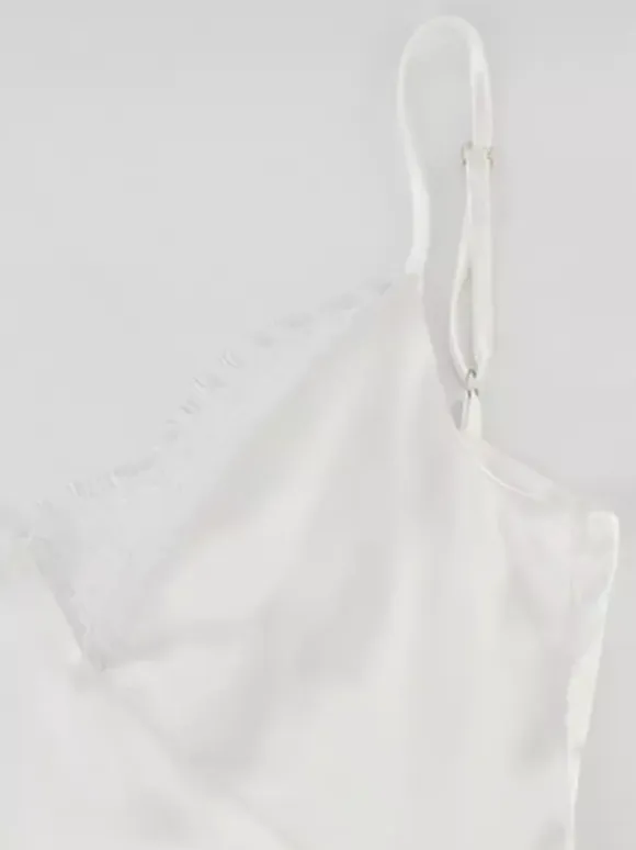 Satin Lace Trim Slip Dress For Women - White Sexy V-Neck Spaghetti Strap Mini Camisole - Summer Date Night 2026