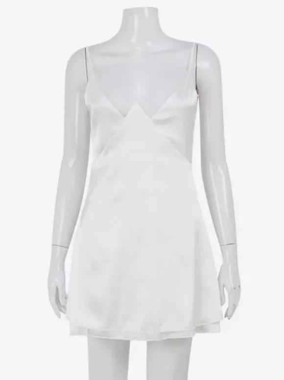 Satin Lace Trim Slip Dress For Women - White Sexy V-Neck Spaghetti Strap Mini Camisole - Summer Date Night 2026