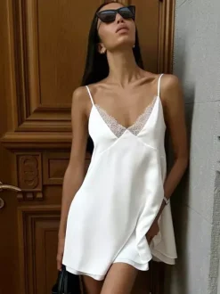 Satin Lace Trim Slip Dress For Women - White Sexy V-Neck Spaghetti Strap Mini Camisole - Summer Date Night 2026