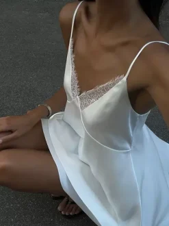 Satin Lace Trim Slip Dress For Women - White Sexy V-Neck Spaghetti Strap Mini Camisole - Summer Date Night 2026