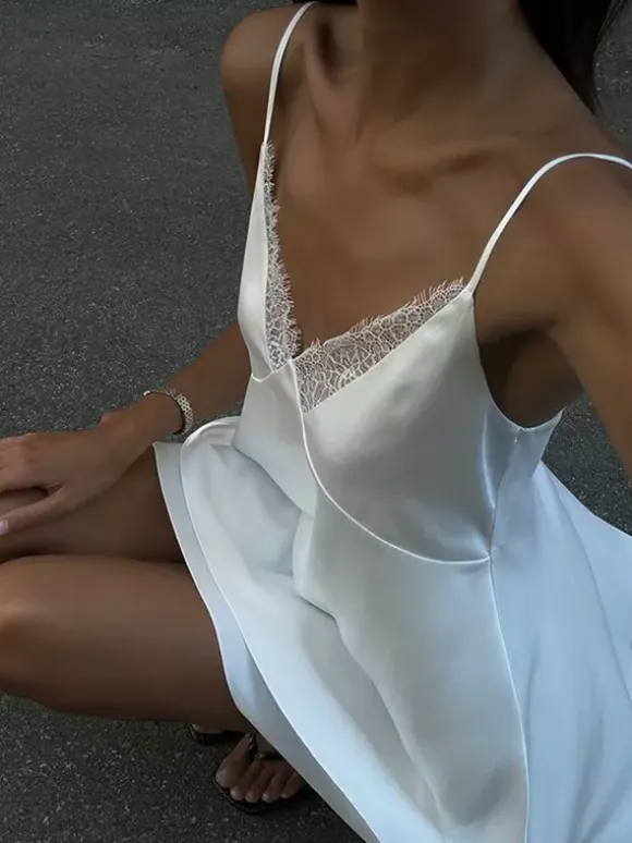 Satin Lace Trim Slip Dress For Women - White Sexy V-Neck Spaghetti Strap Mini Camisole - Summer Date Night 2026