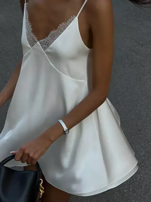 Satin Lace Trim Slip Dress For Women - White Sexy V-Neck Spaghetti Strap Mini Camisole - Summer Date Night 2026