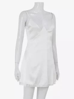 Satin Lace Trim Slip Dress For Women - White Sexy V-Neck Spaghetti Strap Mini Camisole - Summer Date Night 2026