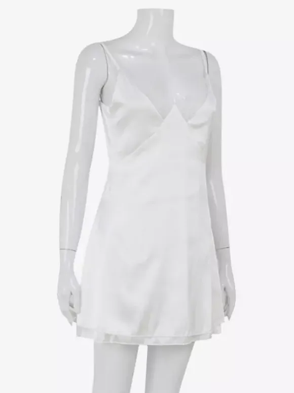Satin Lace Trim Slip Dress For Women - White Sexy V-Neck Spaghetti Strap Mini Camisole - Summer Date Night 2026