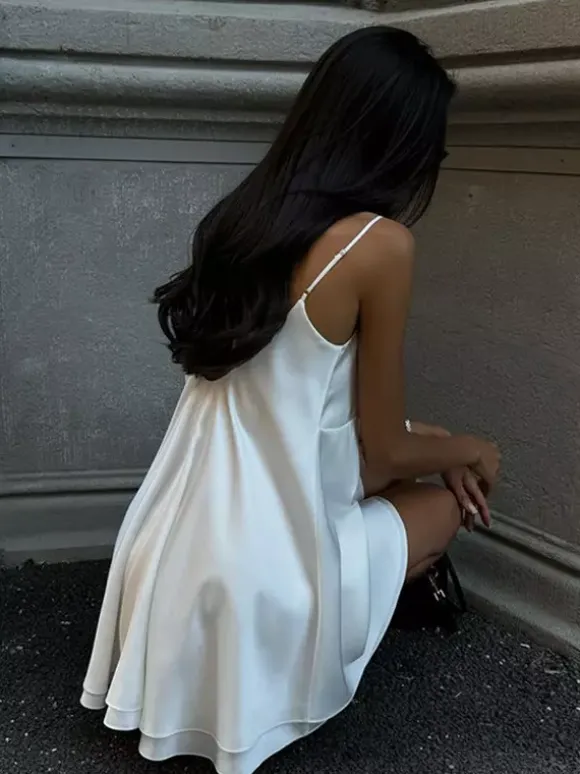 Satin Lace Trim Slip Dress For Women - White Sexy V-Neck Spaghetti Strap Mini Camisole - Summer Date Night 2026