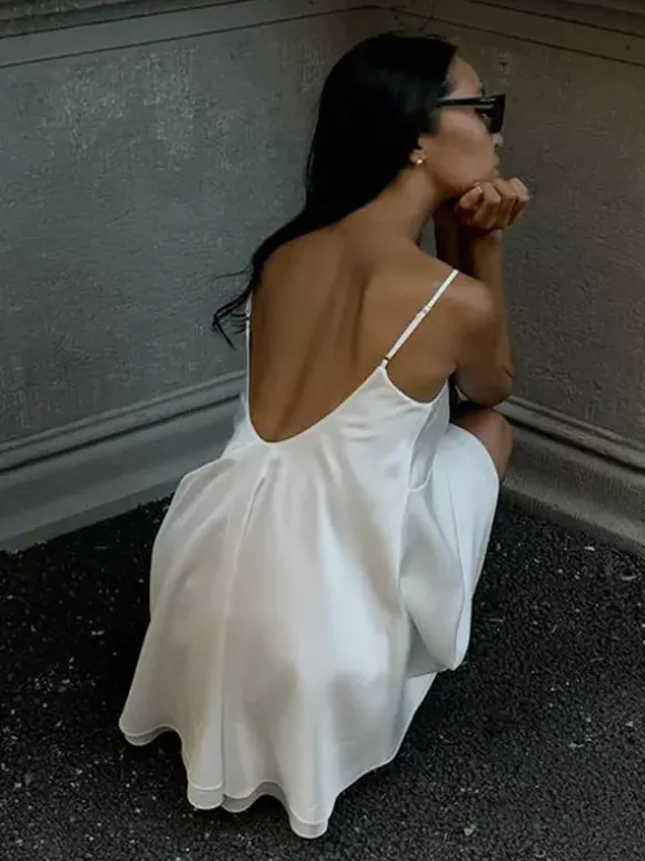 Satin Lace Trim Slip Dress For Women - White Sexy V-Neck Spaghetti Strap Mini Camisole - Summer Date Night 2026