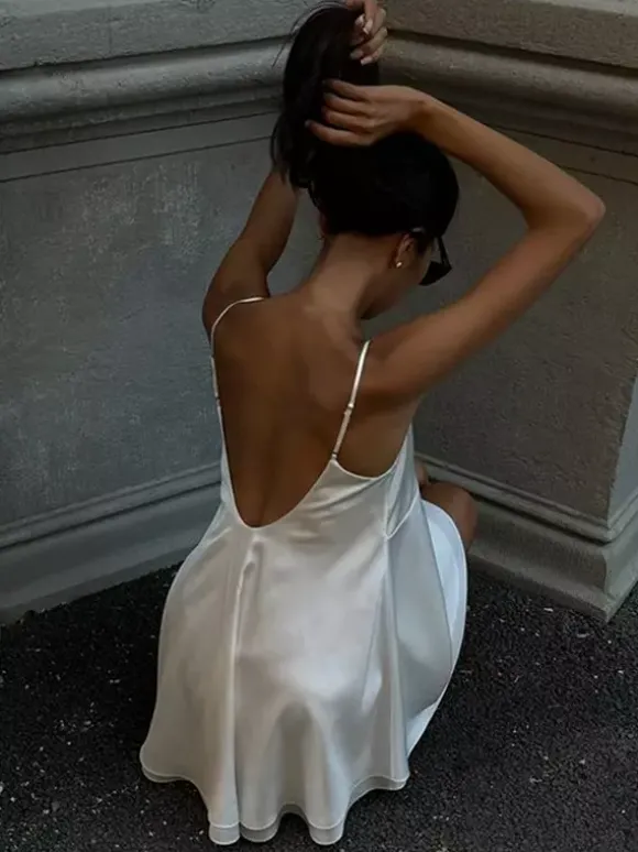 Satin Lace Trim Slip Dress For Women - White Sexy V-Neck Spaghetti Strap Mini Camisole - Summer Date Night 2026