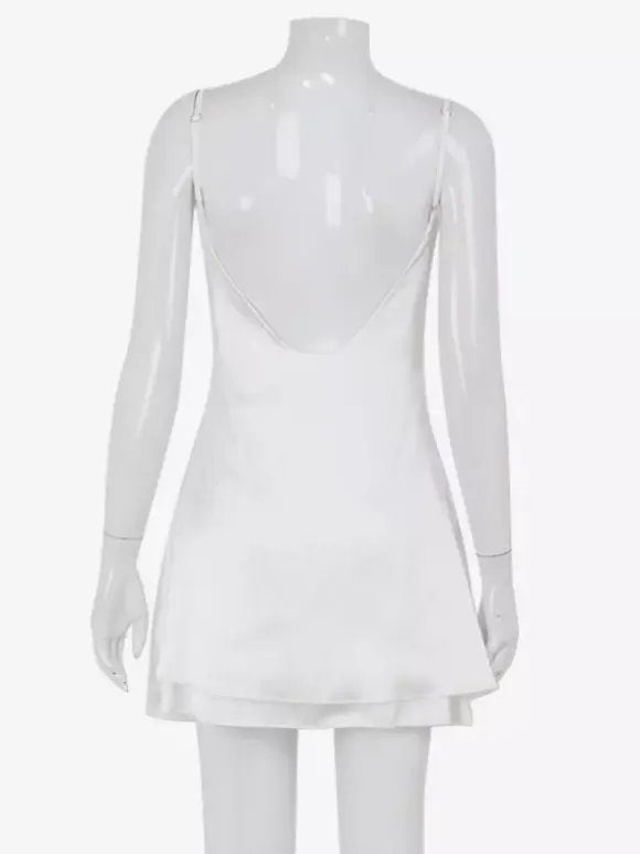 Satin Lace Trim Slip Dress For Women - White Sexy V-Neck Spaghetti Strap Mini Camisole - Summer Date Night 2026