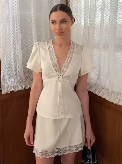 Satin Lace Trim V-Neck Tie Front Top And Mini Skirt 2-piece Set For Women 2026