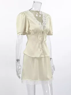 Satin Lace Trim V-Neck Tie Front Top And Mini Skirt 2-piece Set For Women 2026