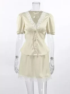 Satin Lace Trim V-Neck Tie Front Top And Mini Skirt 2-piece Set For Women 2026