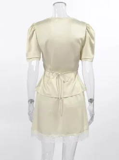 Satin Lace Trim V-Neck Tie Front Top And Mini Skirt 2-piece Set For Women 2026