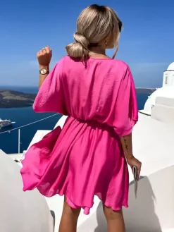 Satin Mini Dress for Women - Boho Wrap V Neck Short Sleeve Skater Dress - Summer Beach Party 2026