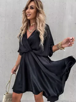 Satin Mini Dress for Women - Boho Wrap V Neck Short Sleeve Skater Dress - Summer Beach Party 2026