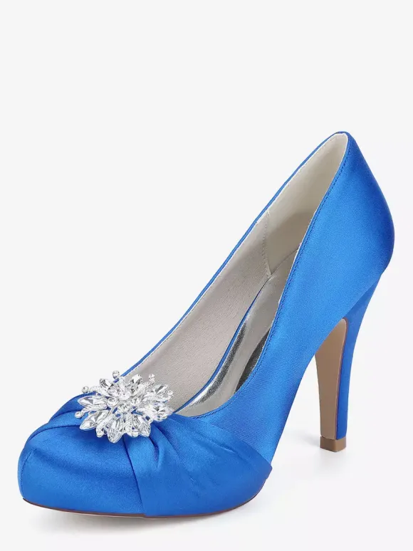 Satin Mother Of The Bride Shoes Round Toe Rhinestones High Heel Wedding Shoes