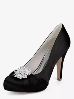 Satin Mother Of The Bride Shoes Round Toe Rhinestones High Heel Wedding Shoes