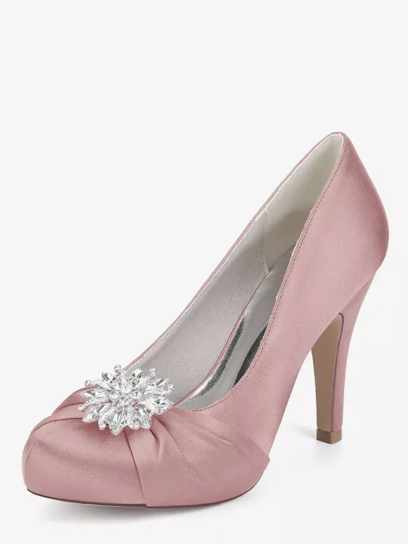 Satin Mother Of The Bride Shoes Round Toe Rhinestones High Heel Wedding Shoes