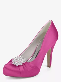 Satin Mother Of The Bride Shoes Round Toe Rhinestones High Heel Wedding Shoes