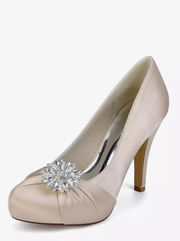 Satin Mother Of The Bride Shoes Round Toe Rhinestones High Heel Wedding Shoes