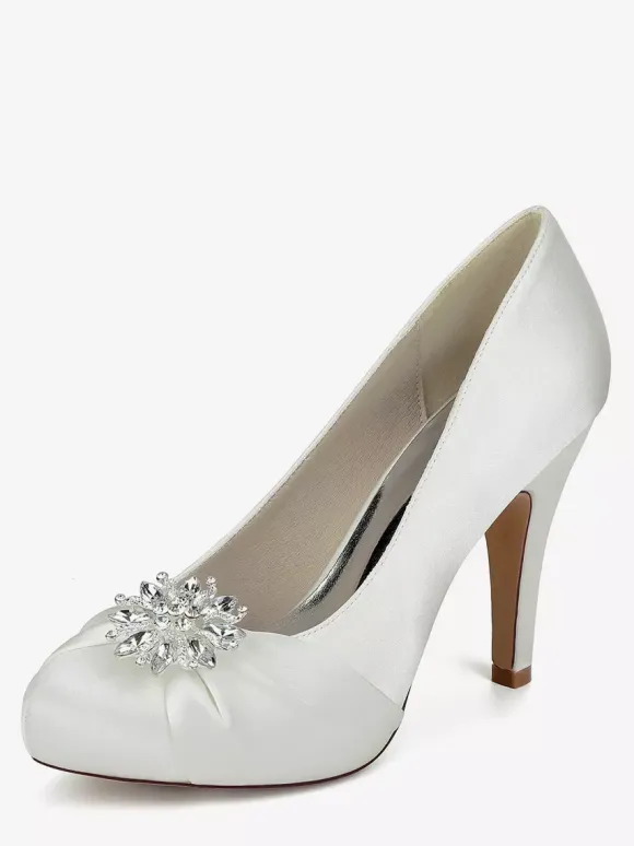 Satin Mother Of The Bride Shoes Round Toe Rhinestones High Heel Wedding Shoes