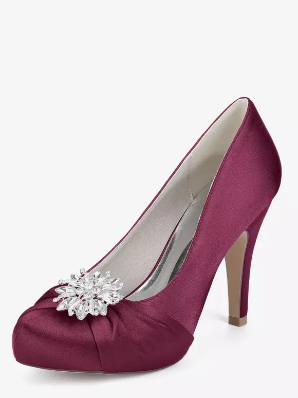 Satin Mother Of The Bride Shoes Round Toe Rhinestones High Heel Wedding Shoes
