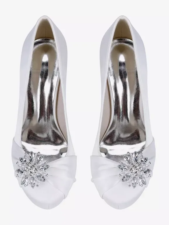 Satin Mother Of The Bride Shoes Round Toe Rhinestones High Heel Wedding Shoes