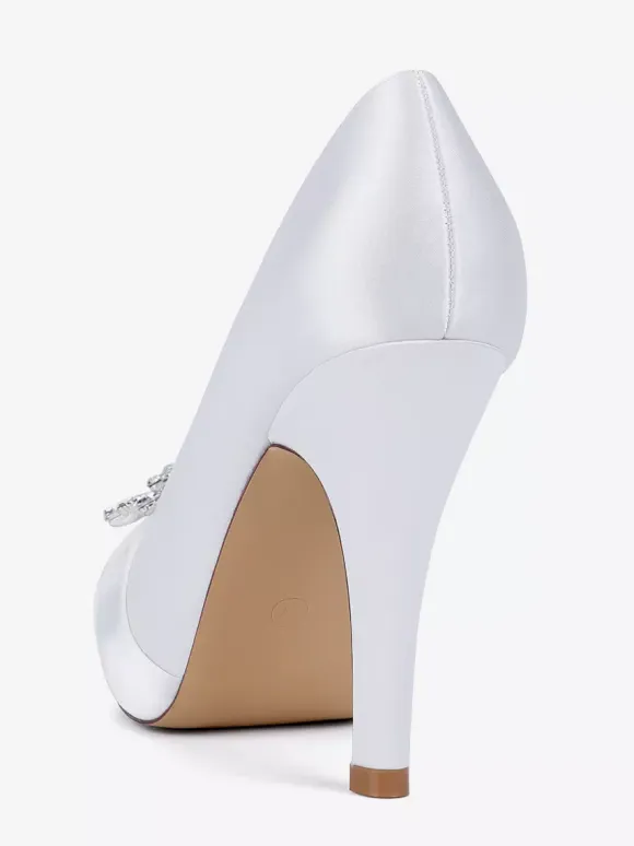 Satin Mother Of The Bride Shoes Round Toe Rhinestones High Heel Wedding Shoes