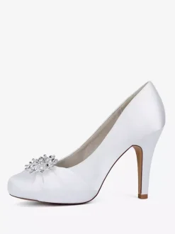 Satin Mother Of The Bride Shoes Round Toe Rhinestones High Heel Wedding Shoes