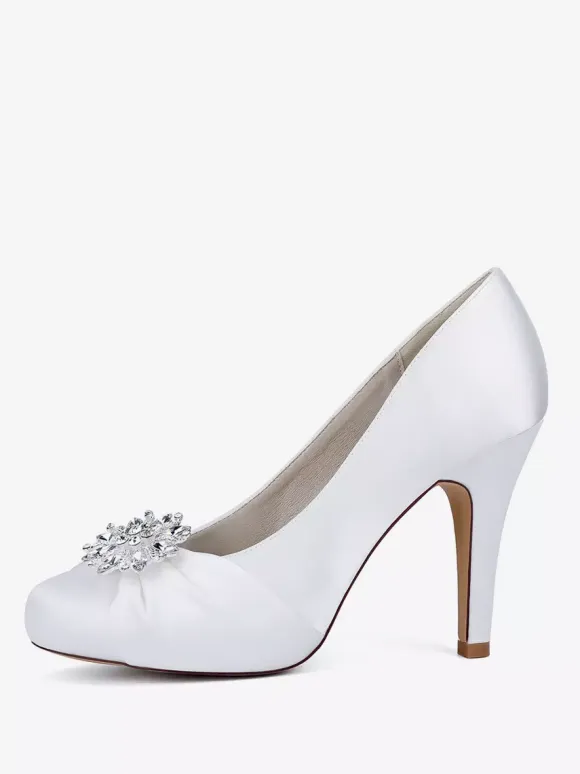 Satin Mother Of The Bride Shoes Round Toe Rhinestones High Heel Wedding Shoes