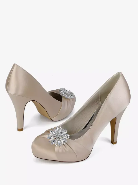 Satin Mother Of The Bride Shoes Round Toe Rhinestones High Heel Wedding Shoes