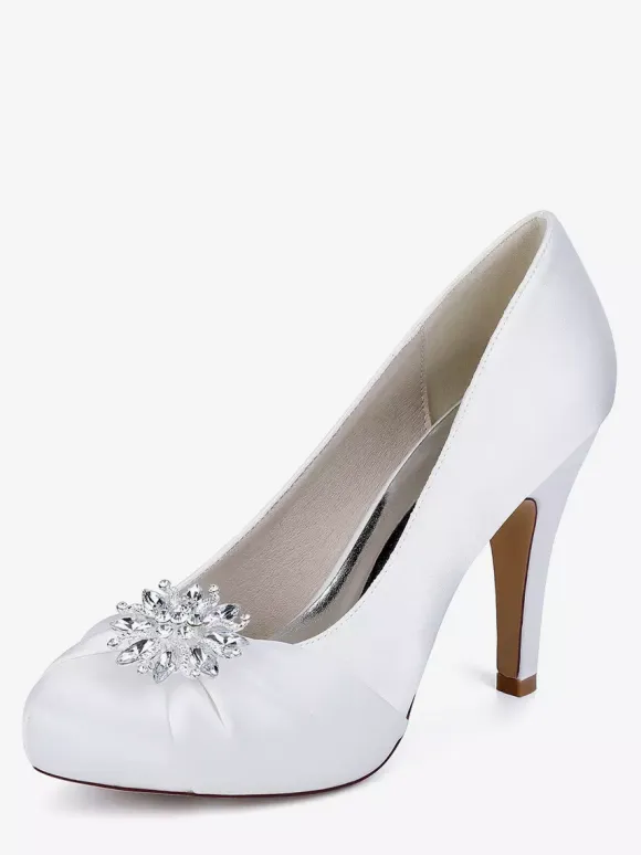 Satin Mother Of The Bride Shoes Round Toe Rhinestones High Heel Wedding Shoes