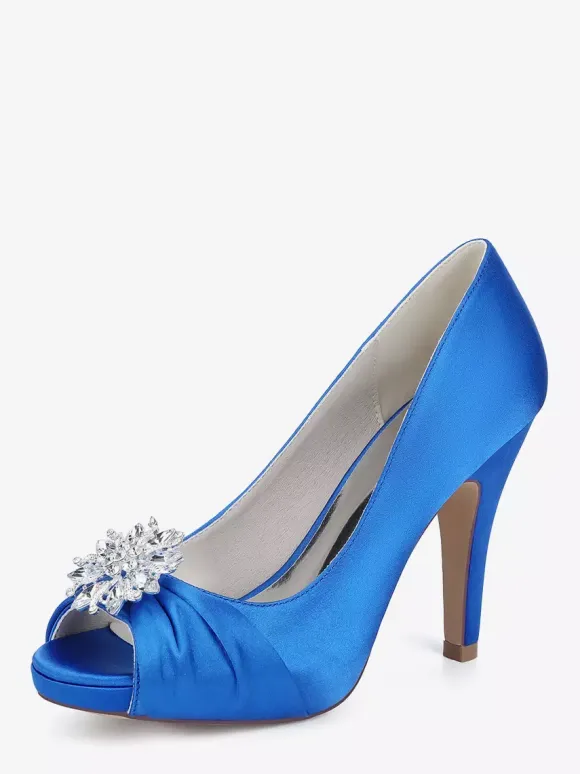 Satin Mother Of The Bride Shoes Peep Toe Rhinestones High Heel Wedding Shoes