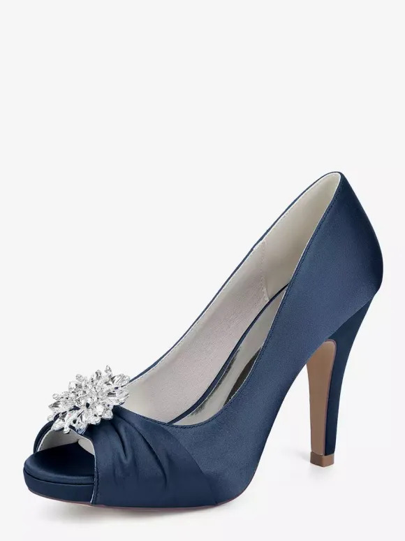 Satin Mother Of The Bride Shoes Peep Toe Rhinestones High Heel Wedding Shoes
