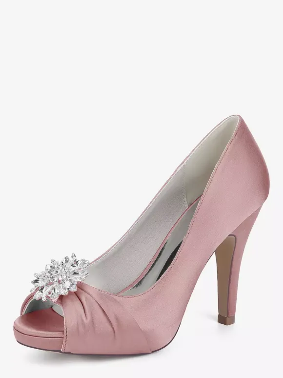 Satin Mother Of The Bride Shoes Peep Toe Rhinestones High Heel Wedding Shoes