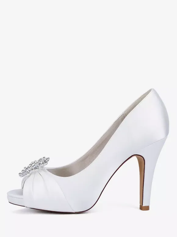 Satin Mother Of The Bride Shoes Peep Toe Rhinestones High Heel Wedding Shoes
