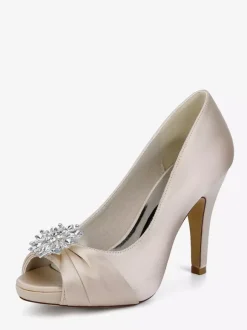 Satin Mother Of The Bride Shoes Peep Toe Rhinestones High Heel Wedding Shoes