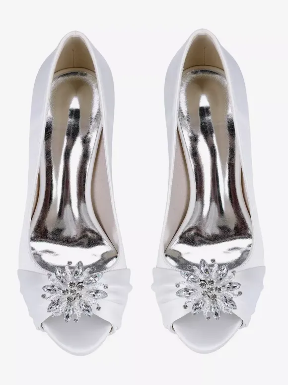 Satin Mother Of The Bride Shoes Peep Toe Rhinestones High Heel Wedding Shoes