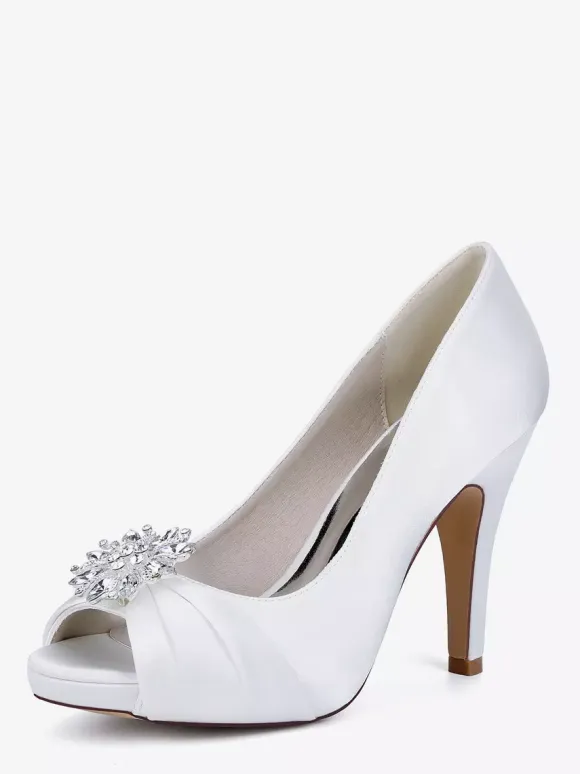 Satin Mother Of The Bride Shoes Peep Toe Rhinestones High Heel Wedding Shoes