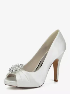 Satin Mother Of The Bride Shoes Peep Toe Rhinestones High Heel Wedding Shoes