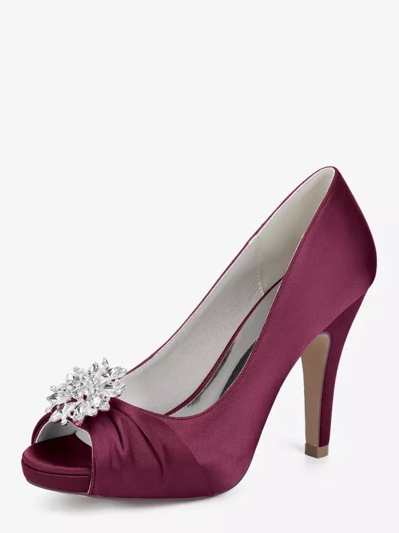 Satin Mother Of The Bride Shoes Peep Toe Rhinestones High Heel Wedding Shoes