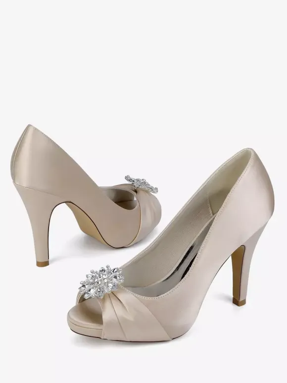 Satin Mother Of The Bride Shoes Peep Toe Rhinestones High Heel Wedding Shoes