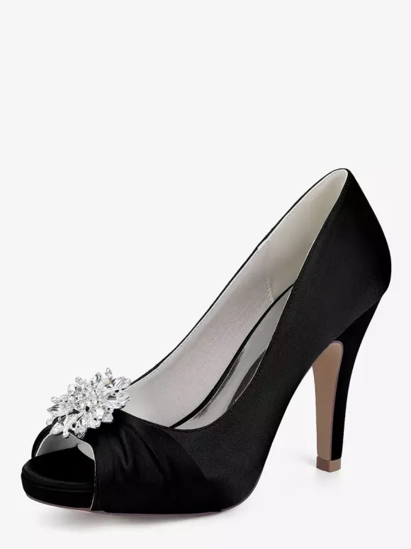Satin Mother Of The Bride Shoes Peep Toe Rhinestones High Heel Wedding Shoes