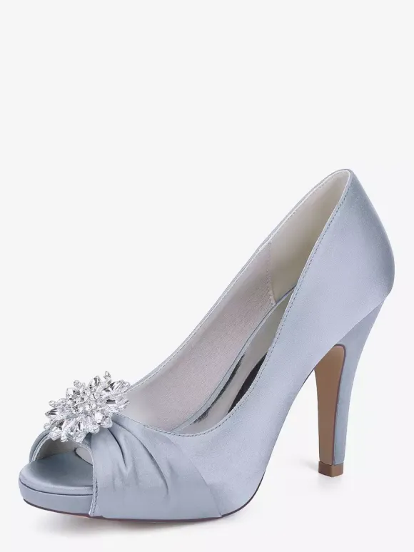 Satin Mother Of The Bride Shoes Peep Toe Rhinestones High Heel Wedding Shoes