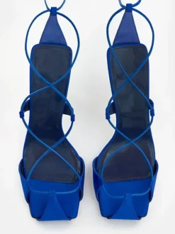 Satin Party Shoes Blue Lace Up High Heel Sandal Shoes For Women