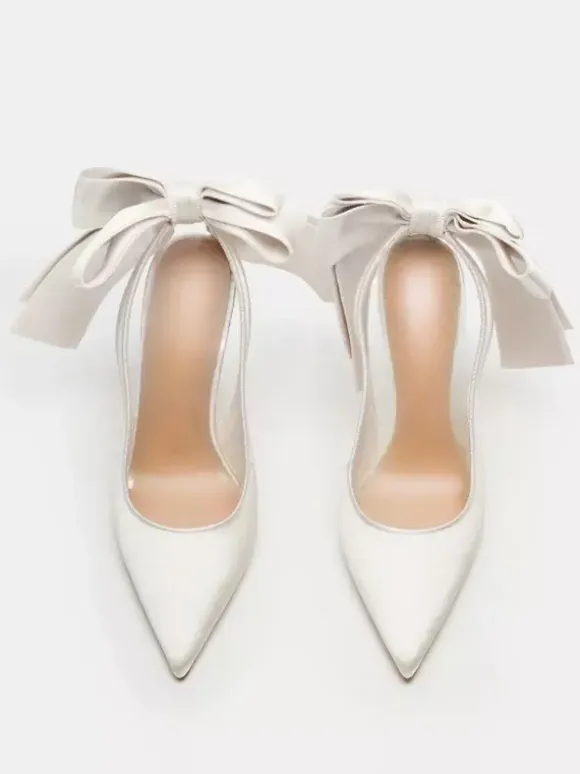 Satin Party Shoes Pointed Toe Bow High Heel Wedding Shoes