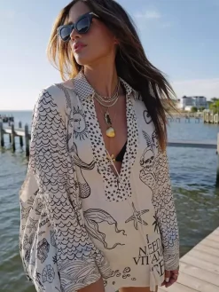 Satin Print Pajama Set For Women - Coastal Graphic V-Neck Long Sleeve Shirt And Shorts - Summer Cruise Party 2026