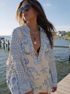 Satin Print Pajama Set For Women - Coastal Graphic V-Neck Long Sleeve Shirt And Shorts - Summer Cruise Party 2026
