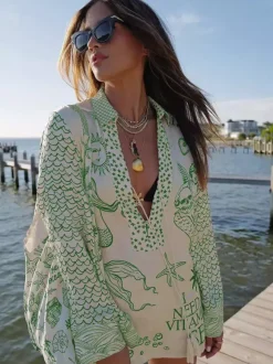 Satin Print Pajama Set For Women - Coastal Graphic V-Neck Long Sleeve Shirt And Shorts - Summer Cruise Party 2026